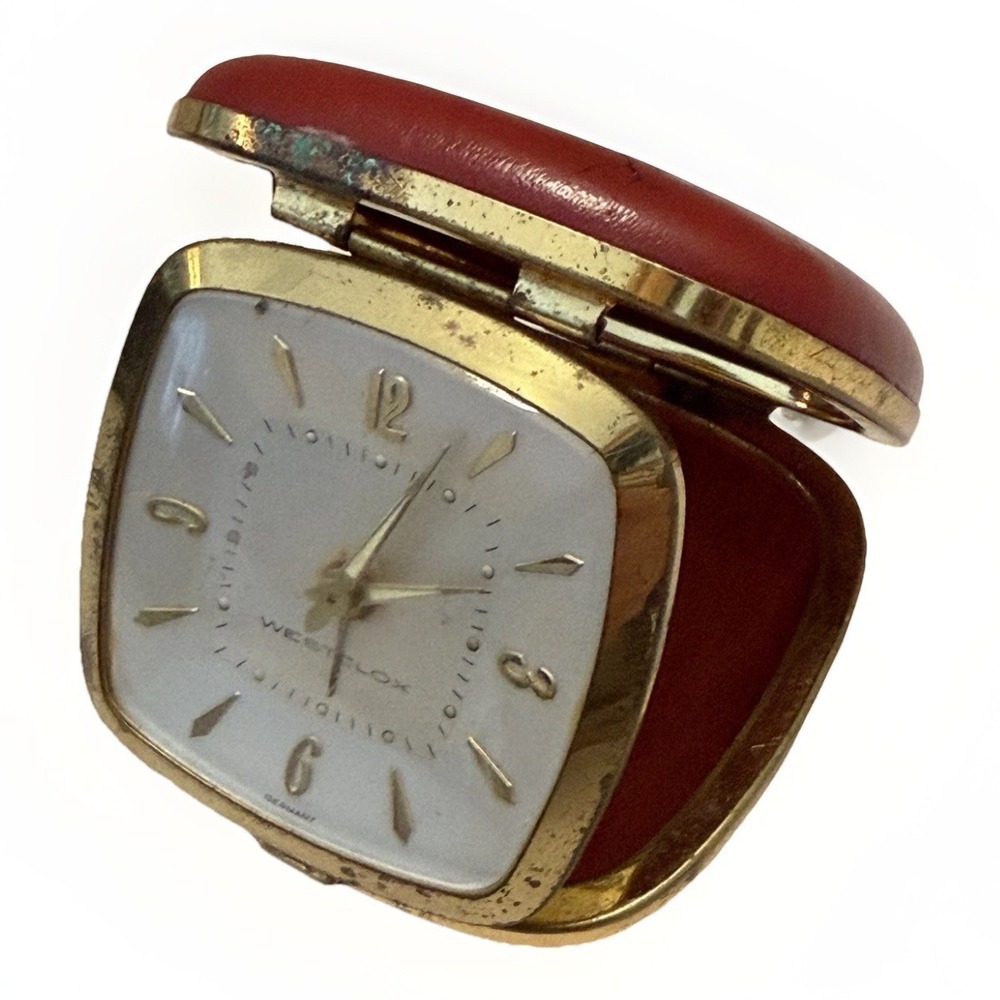 Vintage Red Leather Folding Clock Red Leather Case MCM Staging Westclox Mod Old